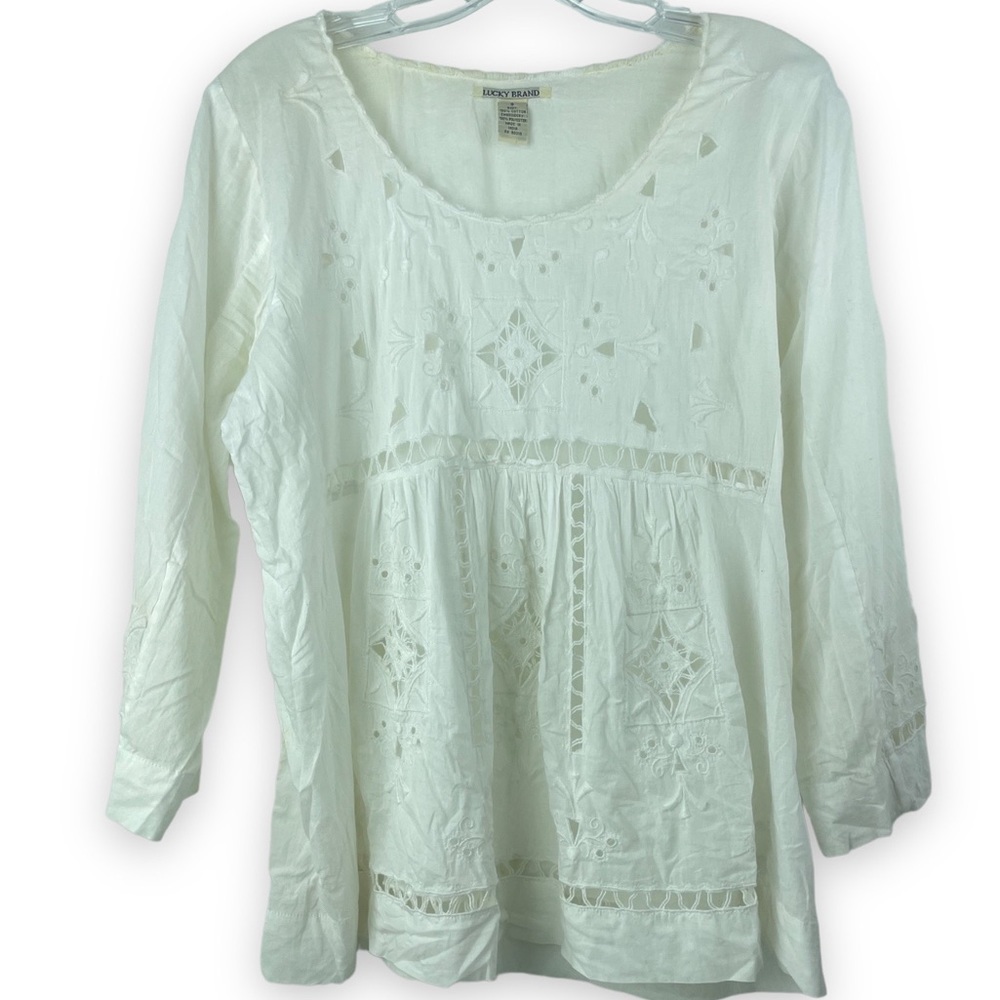 Lucky Brand Boho 100% cotton cream Eyelet Design Size Small